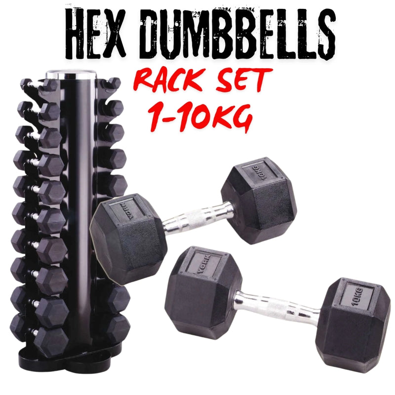 York Barbell Rubber Hex Dumbbells 1kg-10kg With Rack Bundle